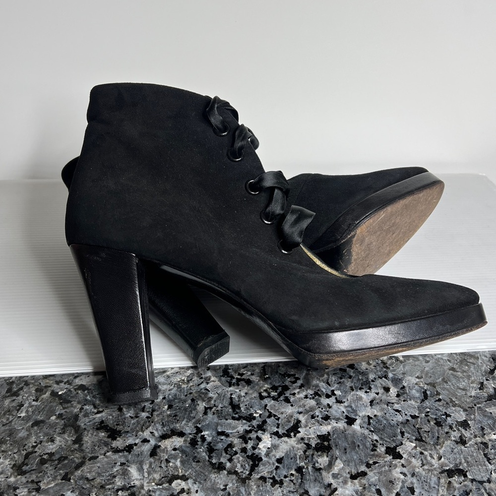 Yves Saint Laurent YSL Sz 9 Black Sude Silk Lace Up Ankle Heel Boots with Box - Picture 3 of 14